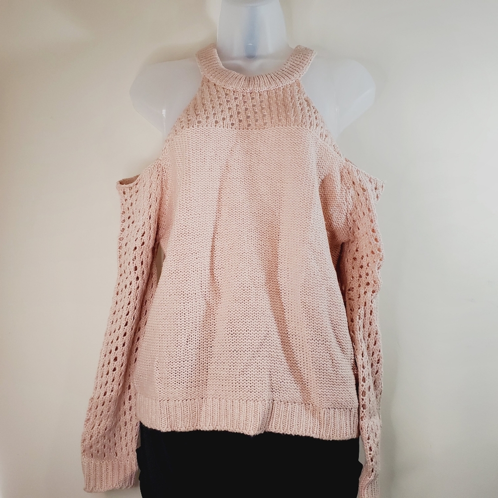 Poof Pink Knit Long Sleeve Cold Shoulder Sweater Small